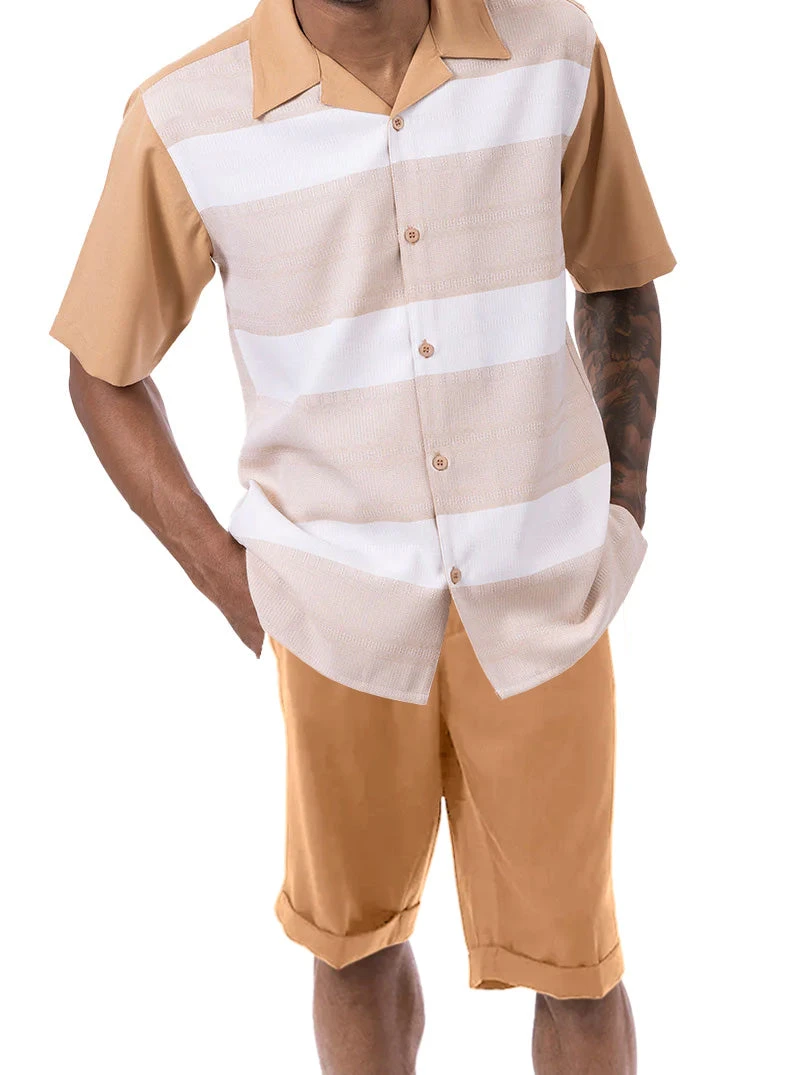 Tan Horizontal Stripes 2 Piece Walking Suit Set With Shorts 1 Tan Horizontal Stripes 2 Piece Walking Suit Set With Shorts