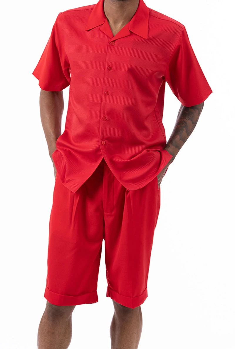 Red Walking Suit Tone On Tone Vertical Stripes 2 Piece Short Sleeve Set With Shorts 1 Red Walking Suit Tone On Tone Vertical Stripes 2 Piece Short Sleeve Set With Shorts