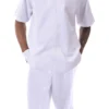 White Walking Suit Tone On Tone Vertical Stripes 2 Piece Short Sleeve Set With Shorts