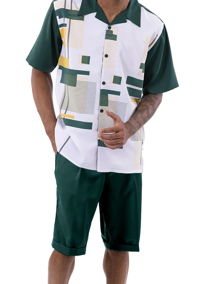 Emerald Green Line Pattern Walking Suit 2 Piece Short Sleeve Set With Shorts 1 Emerald Green Line Pattern Walking Suit 2 Piece Short Sleeve Set With Shorts