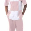 Pink Color Block Walking Suit 2 Piece Short Sleeve Set With Shorts