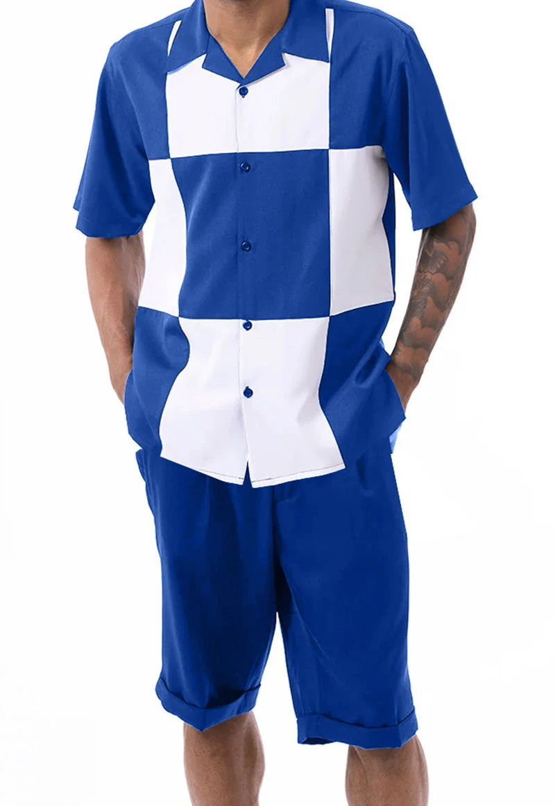 Cobalt Blue Color Block Walking Suit 2 Piece Short Sleeve Set With Shorts 1 Cobalt Blue Color Block Walking Suit 2 Piece Short Sleeve Set With Shorts