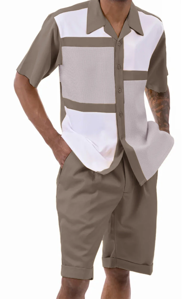 Olive Houndstooth Color Block Walking Suit 2 Piece Short Sleeve Set With Shorts 1 Olive Houndstooth Color Block Walking Suit 2 Piece Short Sleeve Set With Shorts