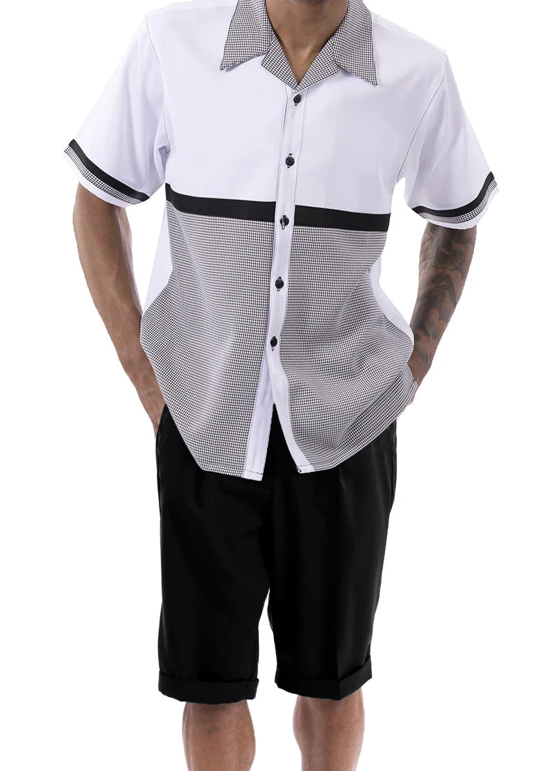 Black Houndstooth Color Block Walking Suit 2 Piece Short Sleeve Set With Shorts 1 Black Houndstooth Color Block Walking Suit 2 Piece Short Sleeve Set With Shorts