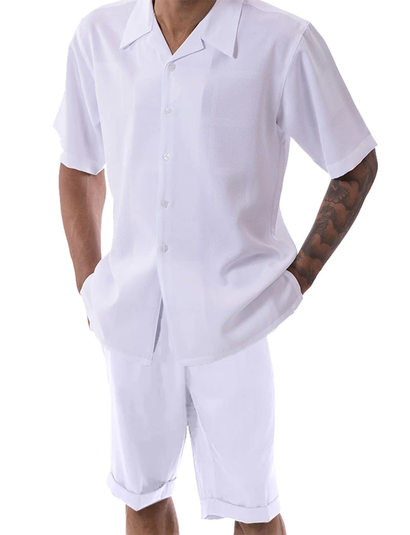 White Tone On Tone Windowpane Walking Suit 2 Piece Short Sleeve Set With Shorts 1 White Tone On Tone Windowpane Walking Suit 2 Piece Short Sleeve Set With Shorts