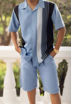 Carolina Blue Vertical Stripe Walking Suit 2 Piece Set Short Sleeve Shirt With Shorts
