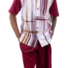 Burgundy Gradient Color Stripe Design Walking Suit 2 Piece Short Sleeve Set With Shorts