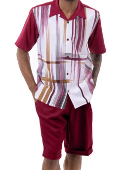Burgundy Gradient Color Stripe Design Walking Suit 2 Piece Short Sleeve Set With Shorts