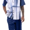 Navy Gradient Color Stripe Design Walking Suit 2 Piece Short Sleeve Set With Shorts