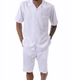White 2 Piece Short Sleeve Walking Suit Set With Elastic Waistband Shorts