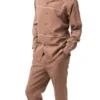 (L/34) Cognac Denim Feel 2 Piece Long Sleeve Walking Suit With Stripe Design