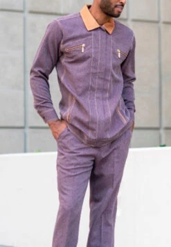 Men's 2 Piece Long Sleeve Denim Feel Walking Suit In Purple