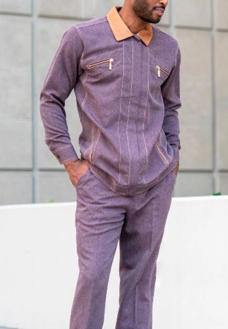 Men's 2 Piece Long Sleeve Denim Feel Walking Suit In Purple 1 Men's 2 Piece Long Sleeve Denim Feel Walking Suit In Purple