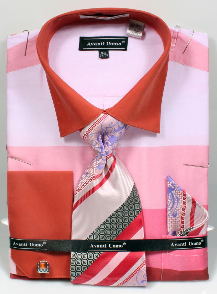 French Cuff Shirt In Pink With Tie, Cuff Links, And Handkerchief 1 French Cuff Shirt In Pink With Tie, Cuff Links, And Handkerchief