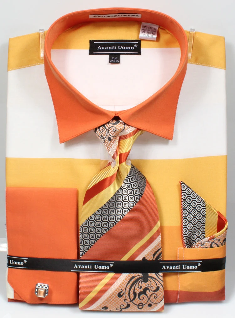 French Cuff Shirt In Yellow With Tie, Cuff Links, And Handkerchief 1 French Cuff Shirt In Yellow With Tie, Cuff Links, And Handkerchief