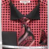 French Cuff Checker Pattern Cotton Shirt In Black/Coral With Tie, Cuff Links And Pocket Square