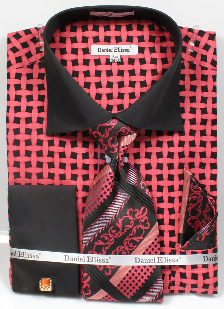 French Cuff Checker Pattern Cotton Shirt In Black/Coral With Tie, Cuff Links And Pocket Square 1 French Cuff Checker Pattern Cotton Shirt In Black/Coral With Tie, Cuff Links And Pocket Square