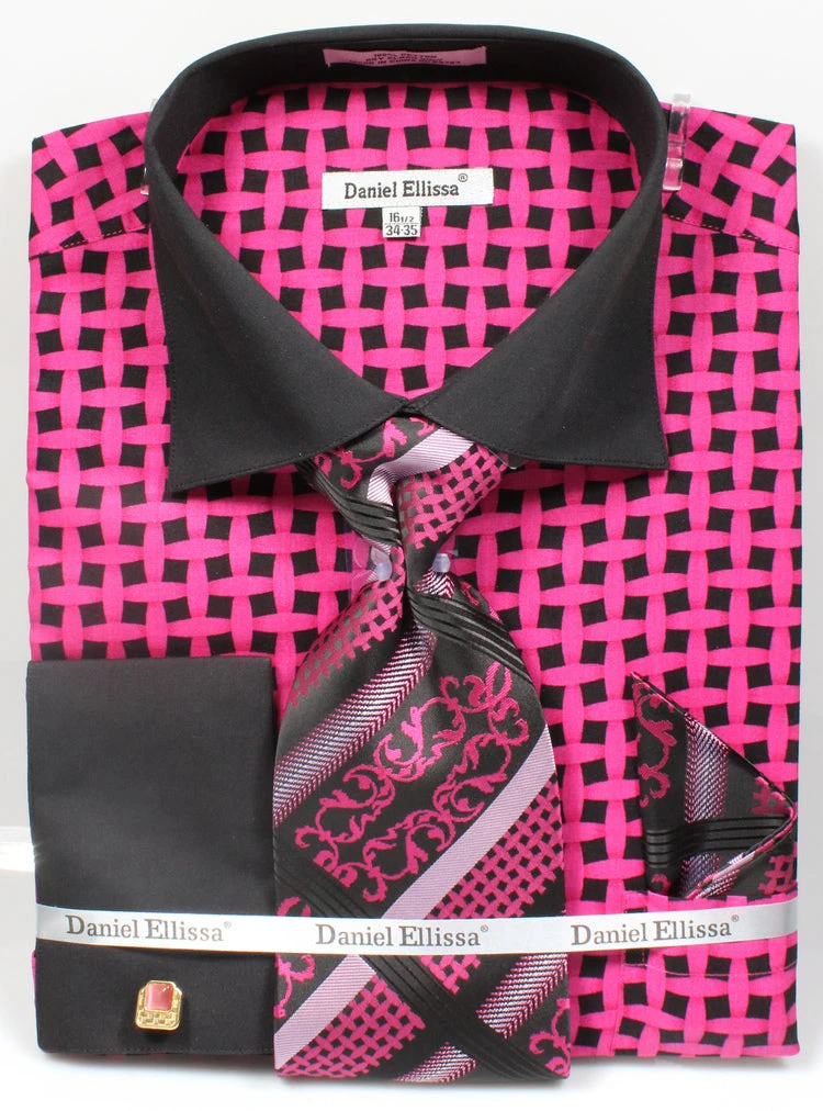 French Cuff Checker Pattern Cotton Shirt In Black/Fuchsia With Tie, Cuff Links And Handkerchief 1 French Cuff Checker Pattern Cotton Shirt In Black/Fuchsia With Tie, Cuff Links And Handkerchief