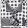 French Cuff Checker Pattern Cotton Shirt In Black/White With Tie, Cuff Links And Handkerchief