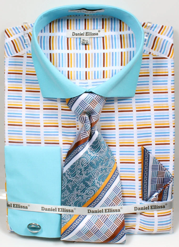 French Cuff Cotton Shirt Set In Turquoise With Tie, Cuff Links And Handkerchief 1 French Cuff Cotton Shirt Set In Turquoise With Tie, Cuff Links And Handkerchief