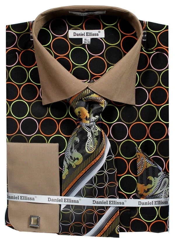 French Cuff Printed Cotton Shirt In Black/Taupe With Tie, Cuff Links And Handkerchief 1 French Cuff Printed Cotton Shirt In Black/Taupe With Tie, Cuff Links And Handkerchief