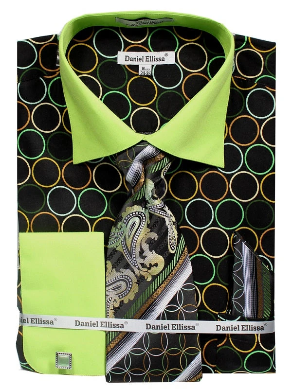 French Cuff Circle Printed Cotton Shirt In Black/Green With Tie, Cuff Links And Handkerchief 1 French Cuff Circle Printed Cotton Shirt In Black/Green With Tie, Cuff Links And Handkerchief