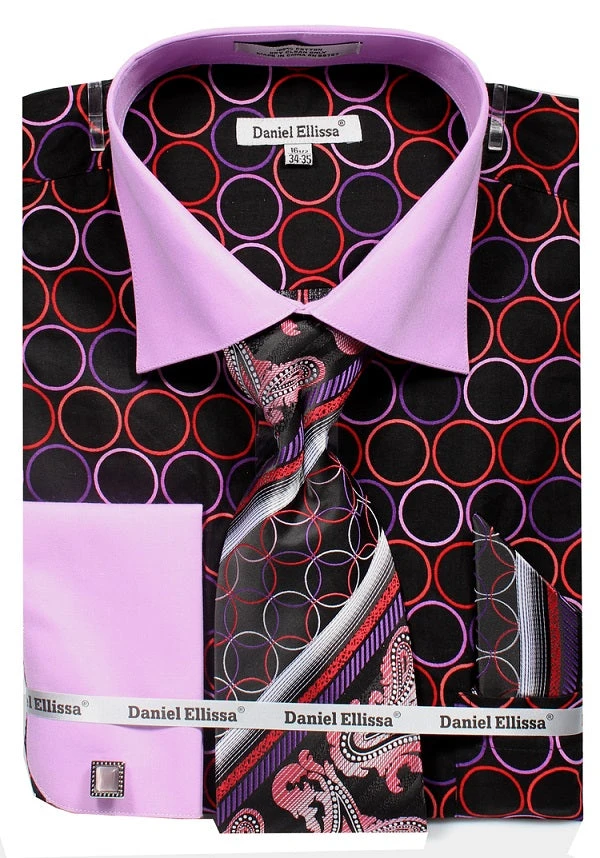 French Cuff Circle Printed Cotton Shirt In Black/Lilac With Tie, Cuff Links And Handkerchief 1 French Cuff Circle Printed Cotton Shirt In Black/Lilac With Tie, Cuff Links And Handkerchief