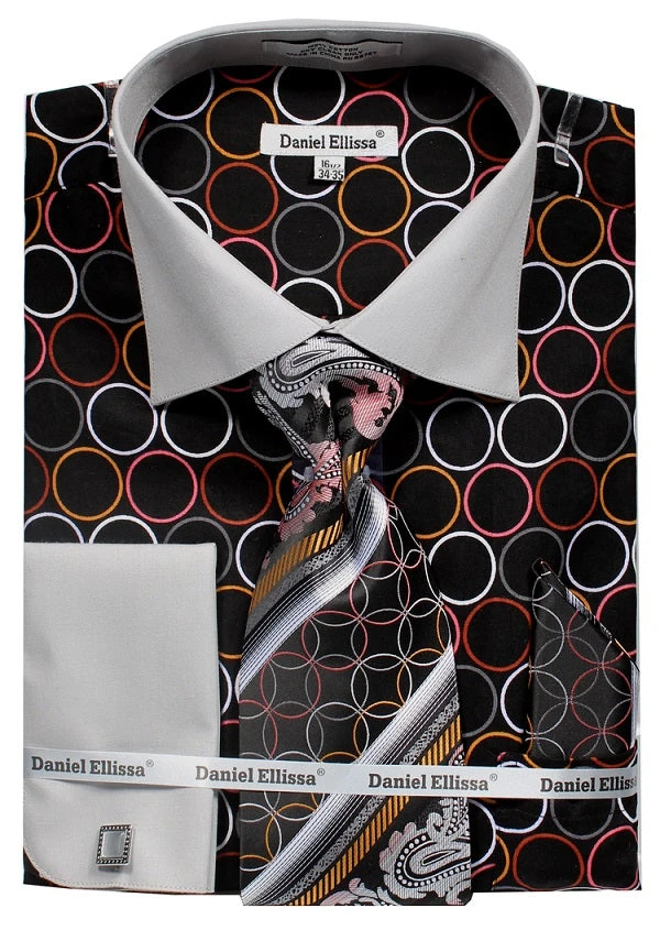 French Cuff Circle Printed Cotton Shirt In Black/Gray With Tie, Cuff Links And Handkerchief 1 French Cuff Circle Printed Cotton Shirt In Black/Gray With Tie, Cuff Links And Handkerchief