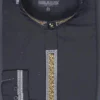 Basic Banded Collar Dress Shirt With Embroidery In Black
