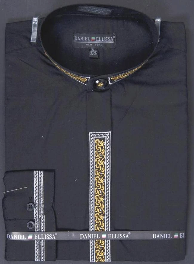 Basic Banded Collar Dress Shirt With Embroidery In Black 1 Basic Banded Collar Dress Shirt With Embroidery In Black