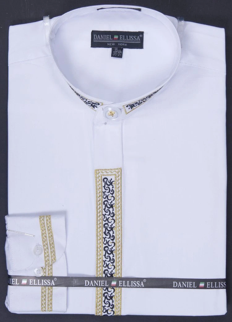 Basic Banded Collar Dress Shirt With Embroidery In White 1 Basic Banded Collar Dress Shirt With Embroidery In White