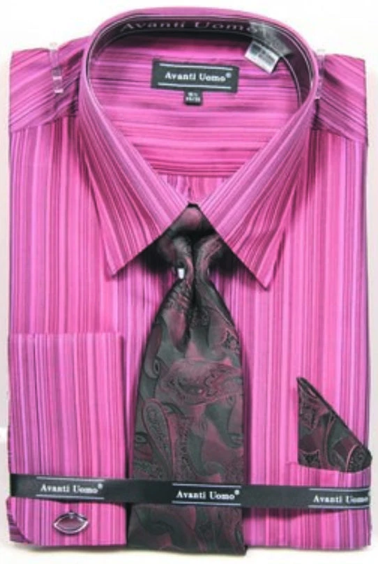 French Cuff Wine Striped Pattern Dress Shirt Set With Tie, Cuff Links And Handkerchief 1 French Cuff Wine Striped Pattern Dress Shirt Set With Tie, Cuff Links And Handkerchief