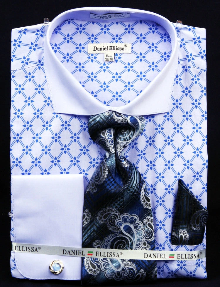 French Cuff Printed Two Tone Shirts In Blue With Tie, Cuff Links And Handkerchief 1 French Cuff Printed Two Tone Shirts In Blue With Tie, Cuff Links And Handkerchief