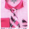 French Cuff Checker Pattern Cotton Shirt In Fuchsia With Tie, Cuff Links And Handkerchief