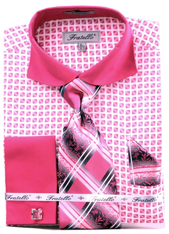 French Cuff Checker Pattern Cotton Shirt In Fuchsia With Tie, Cuff Links And Handkerchief 1 French Cuff Checker Pattern Cotton Shirt In Fuchsia With Tie, Cuff Links And Handkerchief