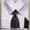 French Cuff Dress Shirt Regular Fit In White/Purple With Tie, Cuff Links And Pocket Square