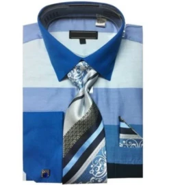 French Cuff Shirt In Blue With Tie, Cuff Links, And Handkerchief