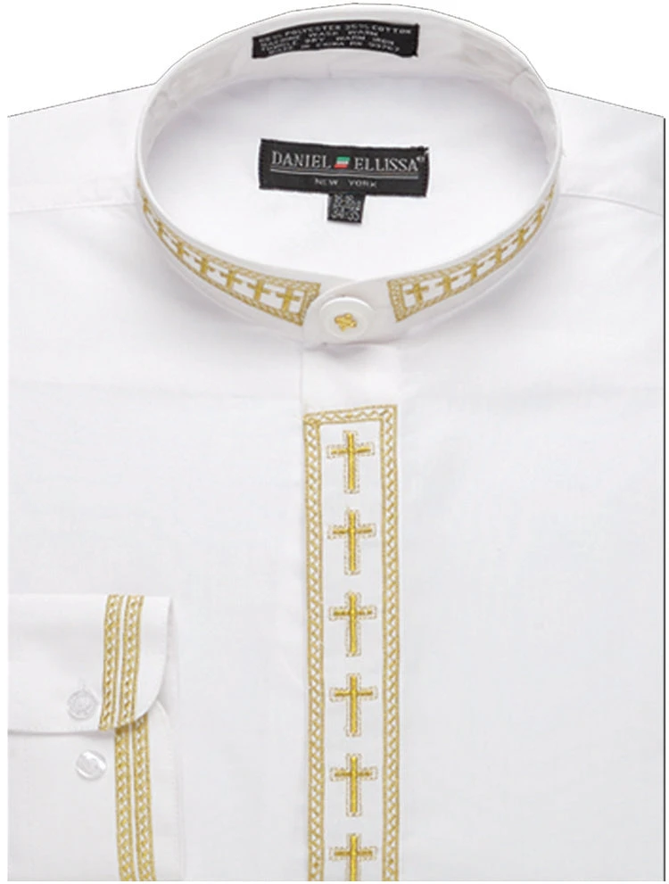 Men's Banded Collar Embroidered Shirt In White/Gold 1 Men's Banded Collar Embroidered Shirt In White/Gold