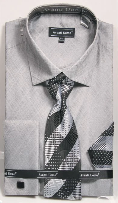 French Cuff Regular Fit Shirt In Gray With Tie, Cuff Links And Handkerchief 1 French Cuff Regular Fit Shirt In Gray With Tie, Cuff Links And Handkerchief