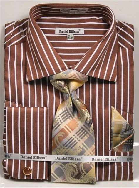 French Cuff Regular Fit Shirt Set Bold Stripe Brown With Tie, Cuff Links And Hanky 1 French Cuff Regular Fit Shirt Set Bold Stripe Brown With Tie, Cuff Links And Hanky